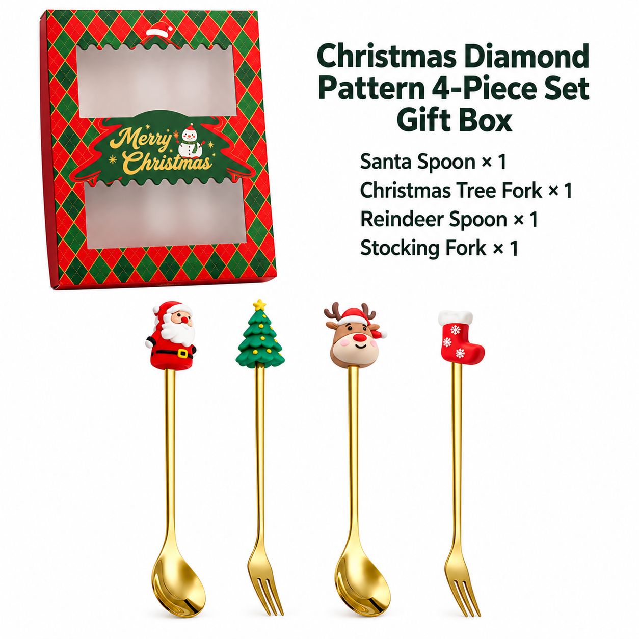 Christmas four-piece red box [old man spoon   round tree fork   elk spoon   socks fork]]