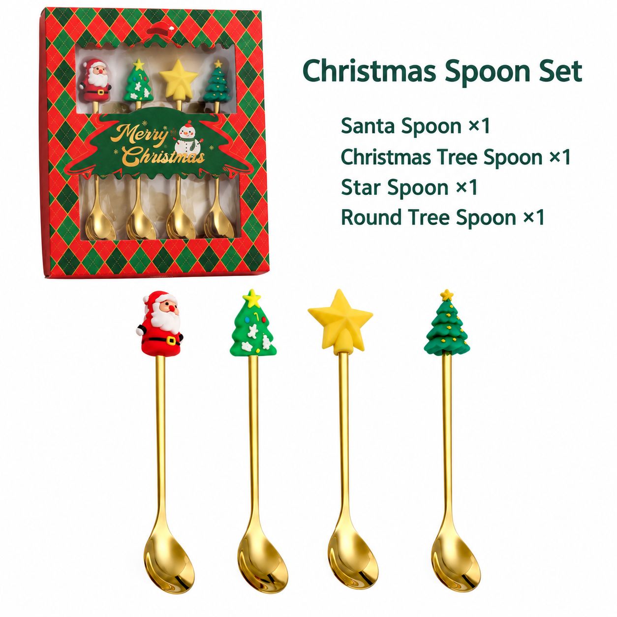 Christmas four-piece red box [old man spoon small tree spoon yellow star spoon round tree spoon]]