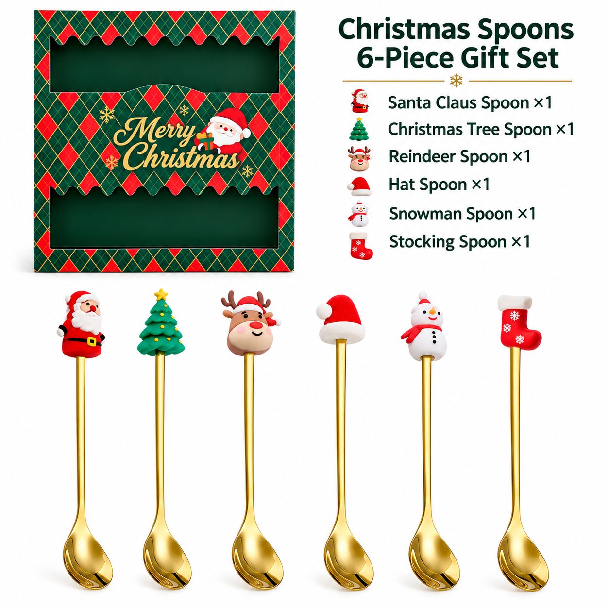 Christmas six-piece green box [old man spoon   round tree spoon   elk spoon   hat spoon   snowman spoon   socks spoon]]