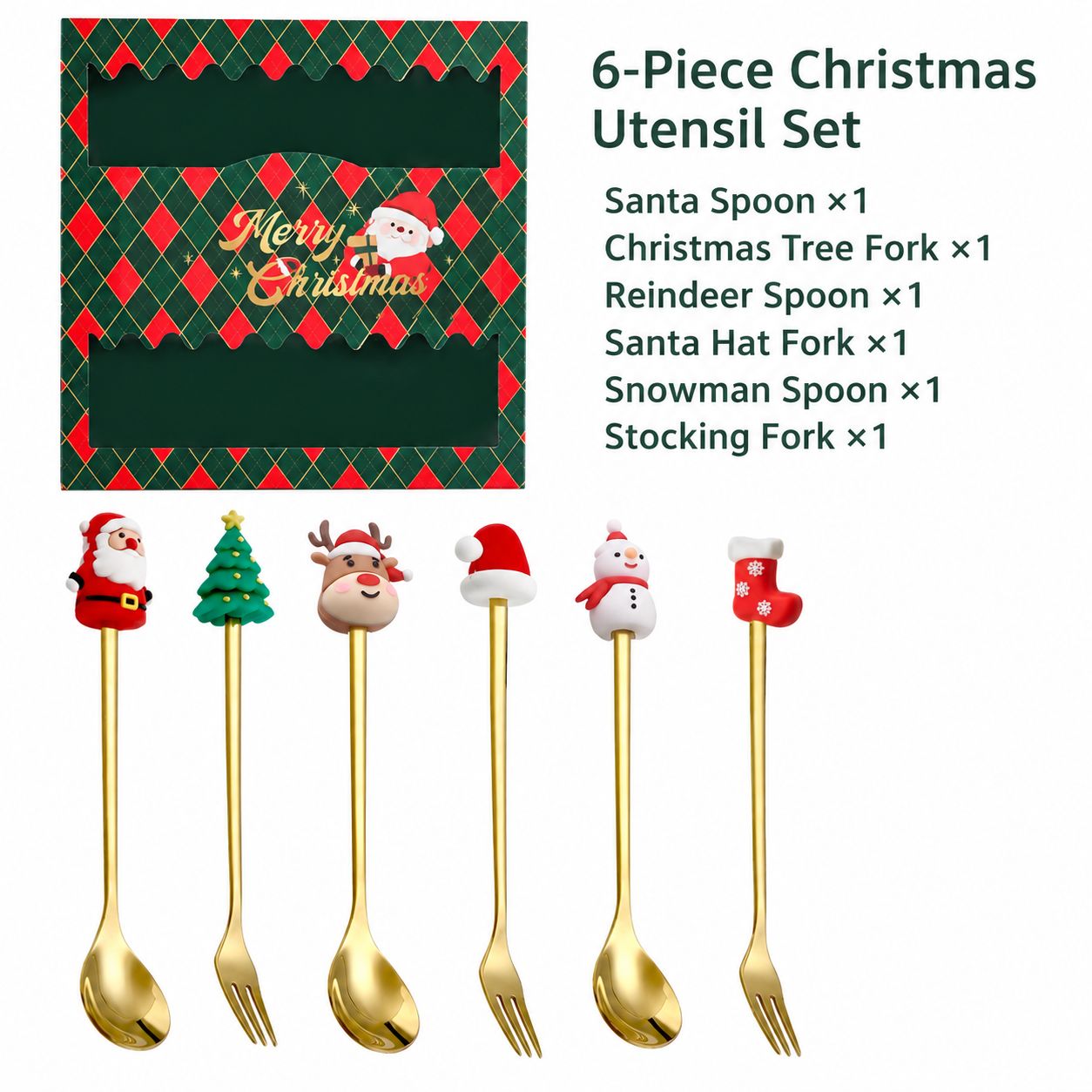 Christmas six-piece green box [old man spoon   round tree fork   elk spoon   hat fork   snowman spoon   socks fork]]