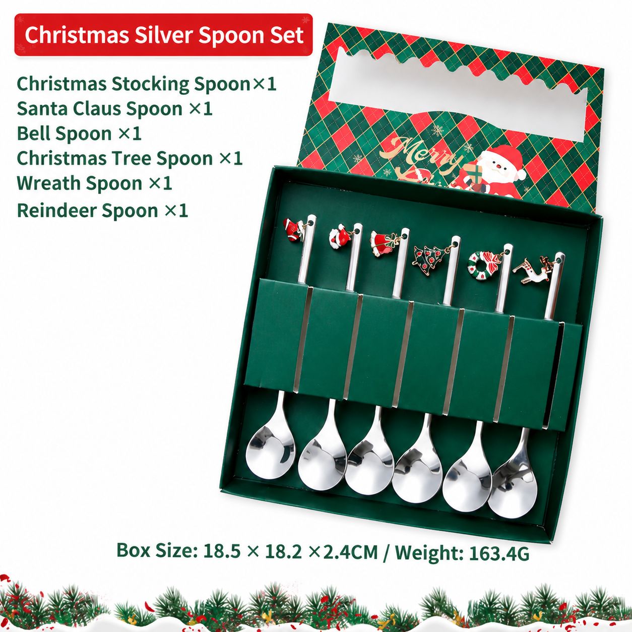 430 christmas pendant spoons 6 pieces-silver [green box]