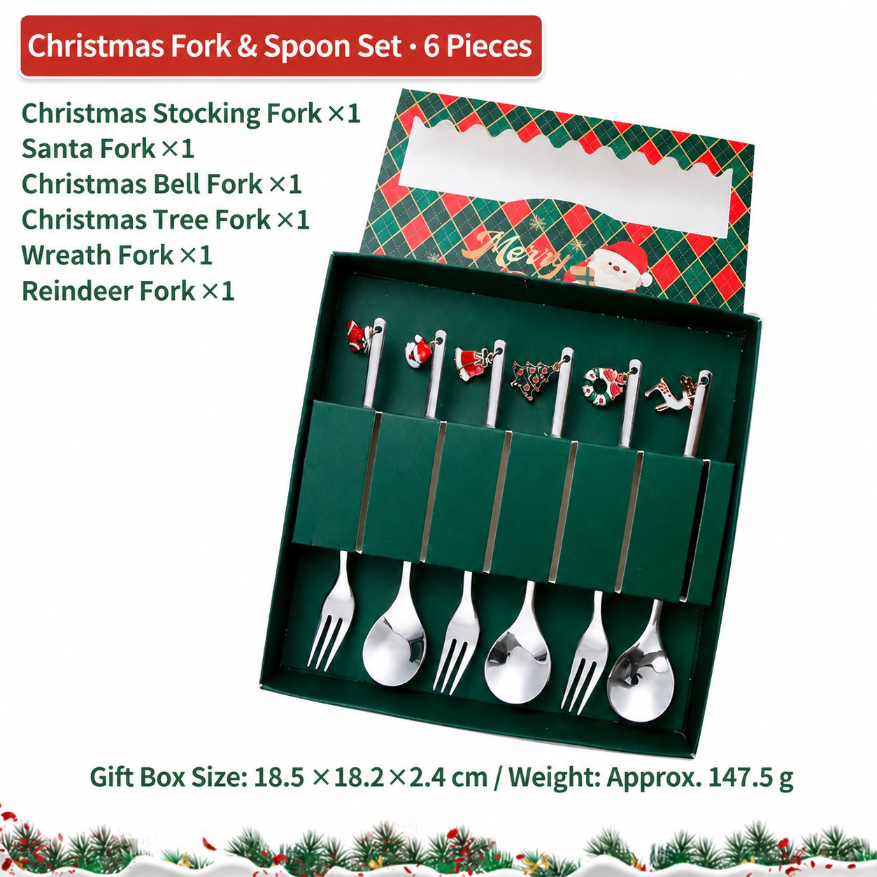 430 christmas pendant spoons and forks 6 pieces - silver [green box]