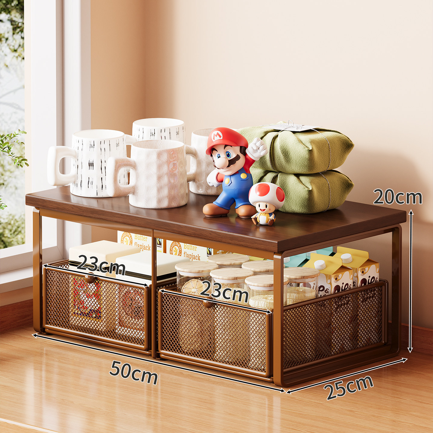 Upgraded dense mesh model - coffee rack + walnut board [double drawers]