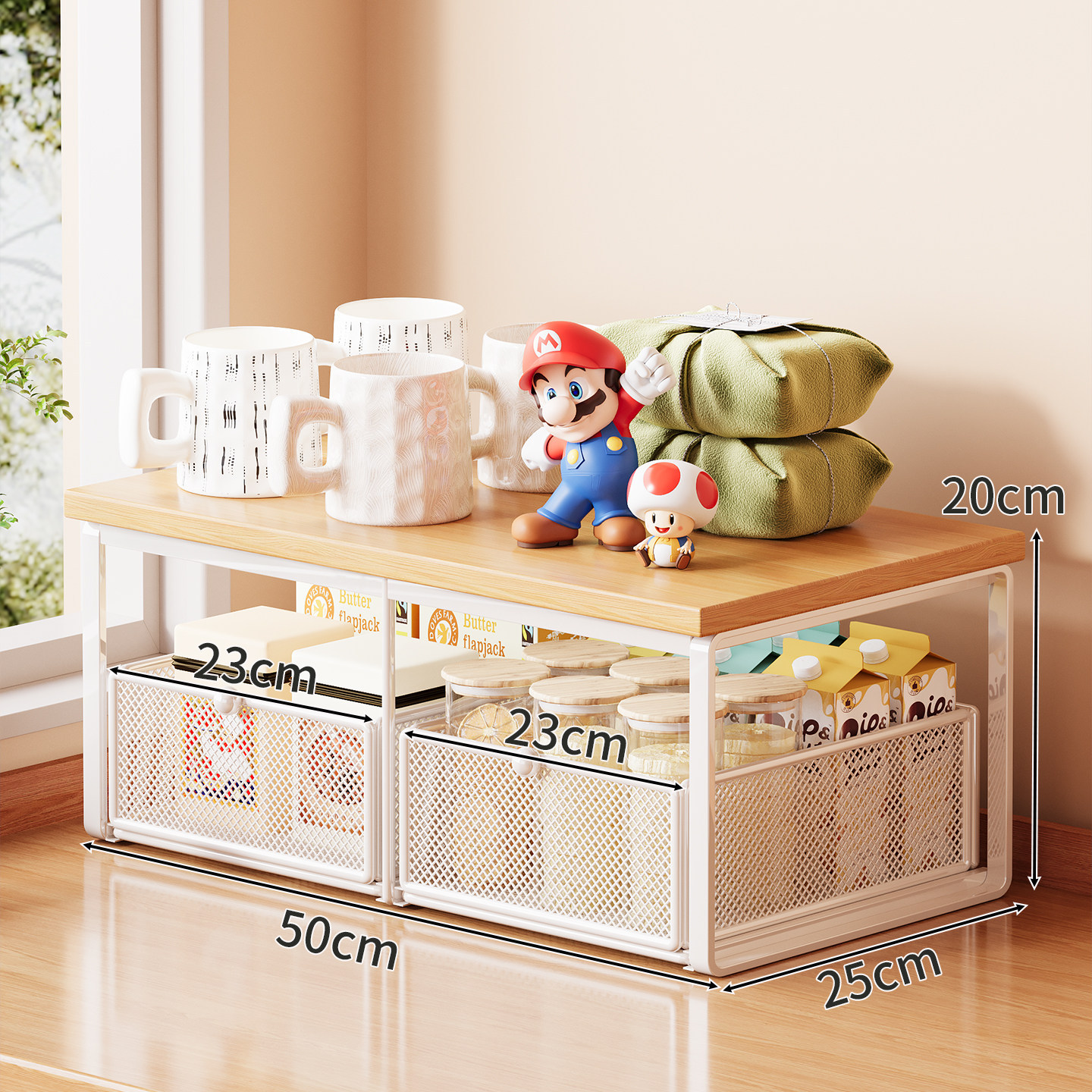 Upgraded dense mesh model - white frame + natural wood board [double drawers]