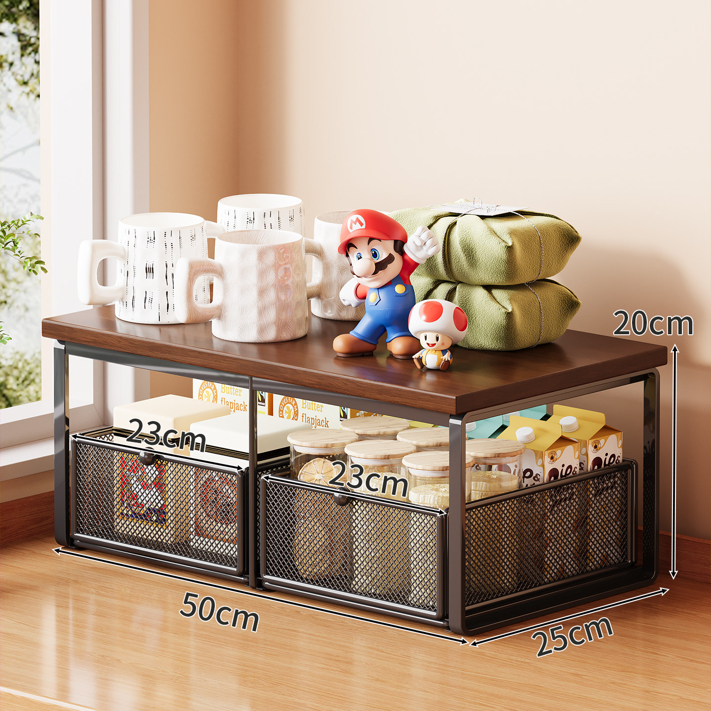 Upgraded dense mesh model - black frame + walnut panel [double drawers]