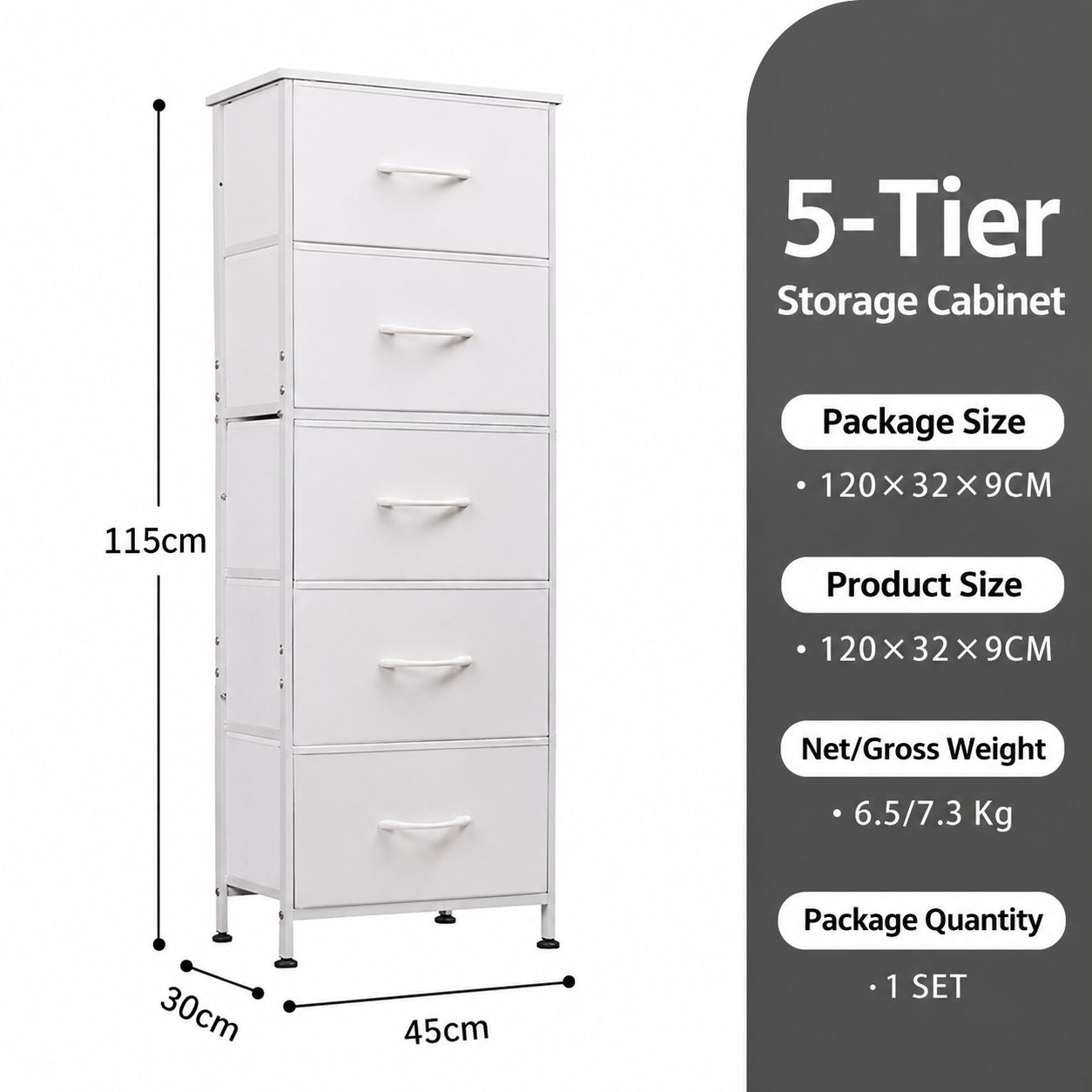 Five-drawer bedside table [white]