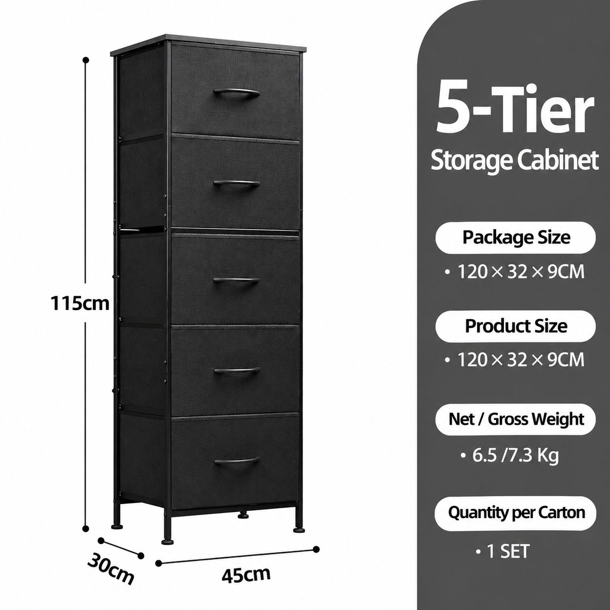 Five-drawer bedside table [black]
