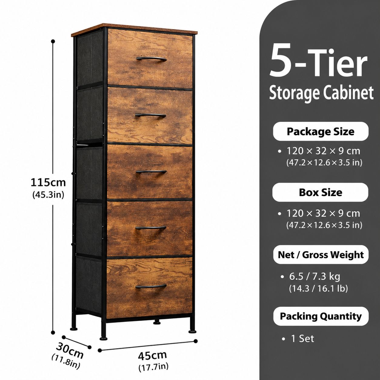 Five-drawer bedside table [wood grain]