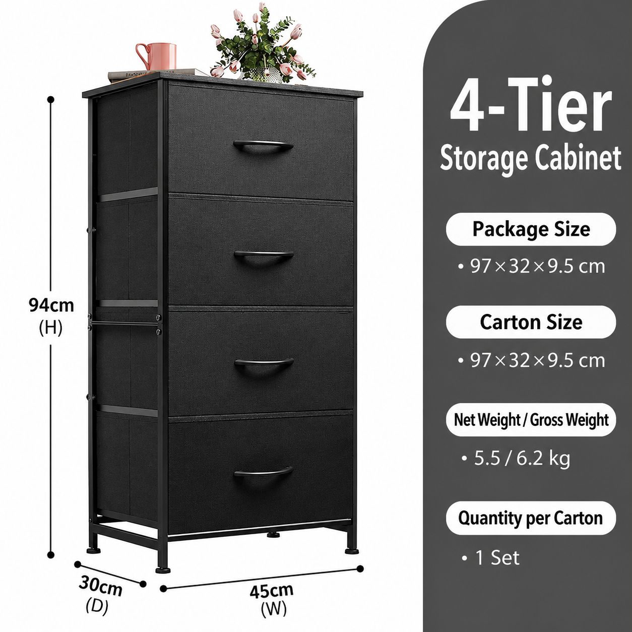 Four-drawer bedside table [black]
