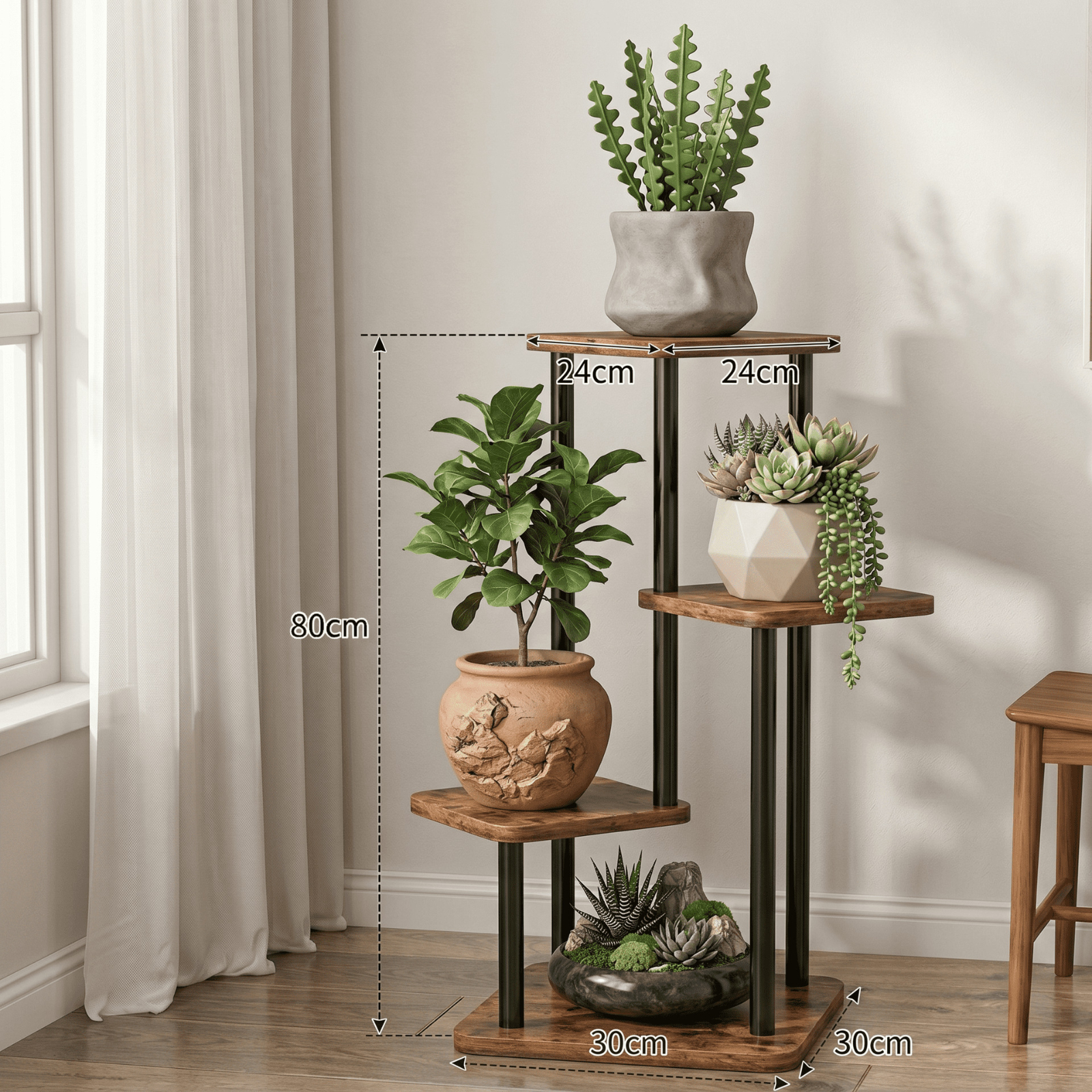 [Black Frame]  Vintage Wood Grain 4-Tier